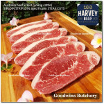 Beef Sirloin AGED BY GOODWINS Australia STEER young cattle (Striploin / New York Strip / Has Luar) frozen brand Harvey/Midfield STEAK 1cm 3/8" for schnitzel (price /600gr 4-5pcs)